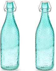 5x stuks glazen flessen aqua blauw met beugeldop 1000 ml - Olie/azijn flessen - Decoratie flessen