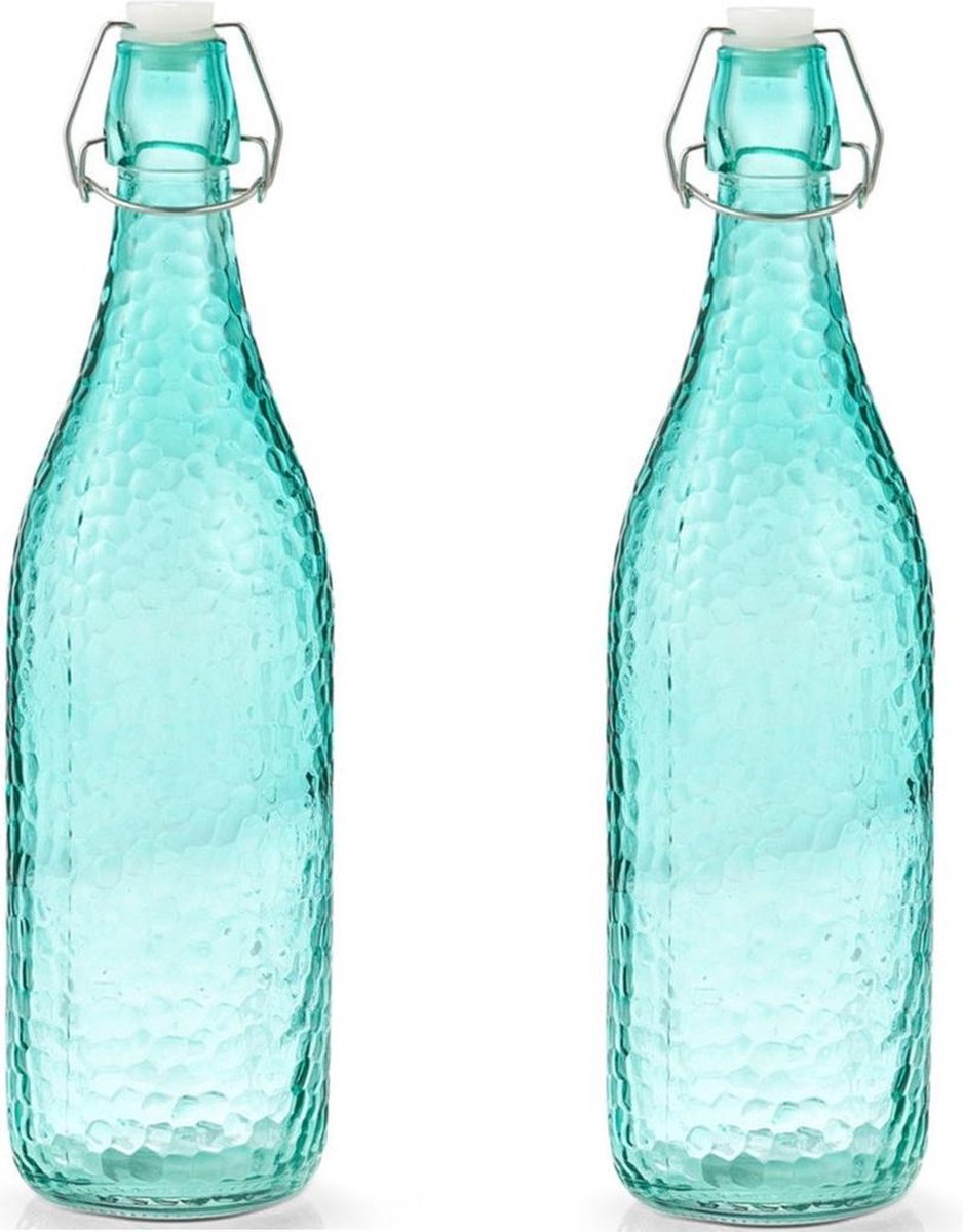 5x stuks glazen flessen aqua blauw met beugeldop 1000 ml - Olie/azijn flessen - Decoratie flessen
