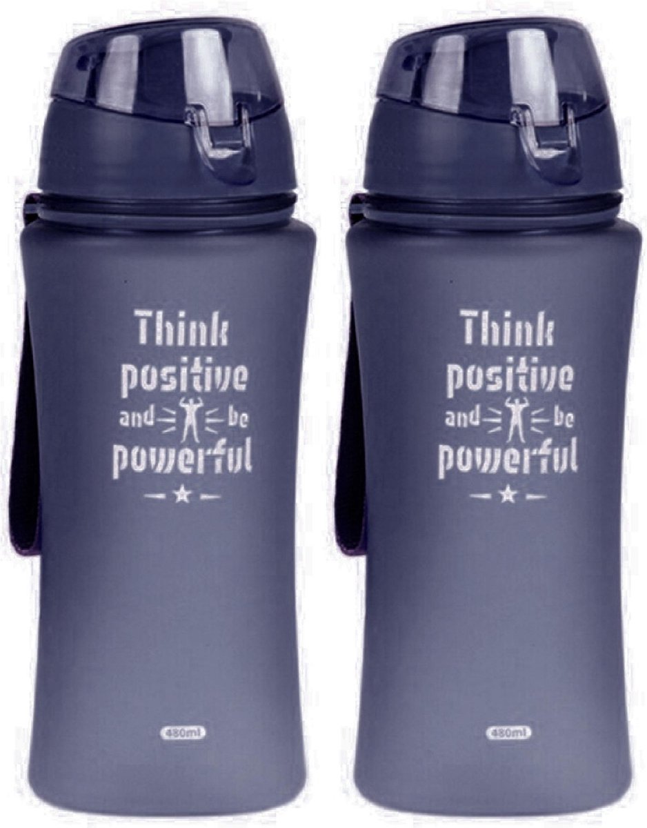 2x Sport Bidon drinkfles/waterfles Think Positive print grijs 480 Ml van Kunststof