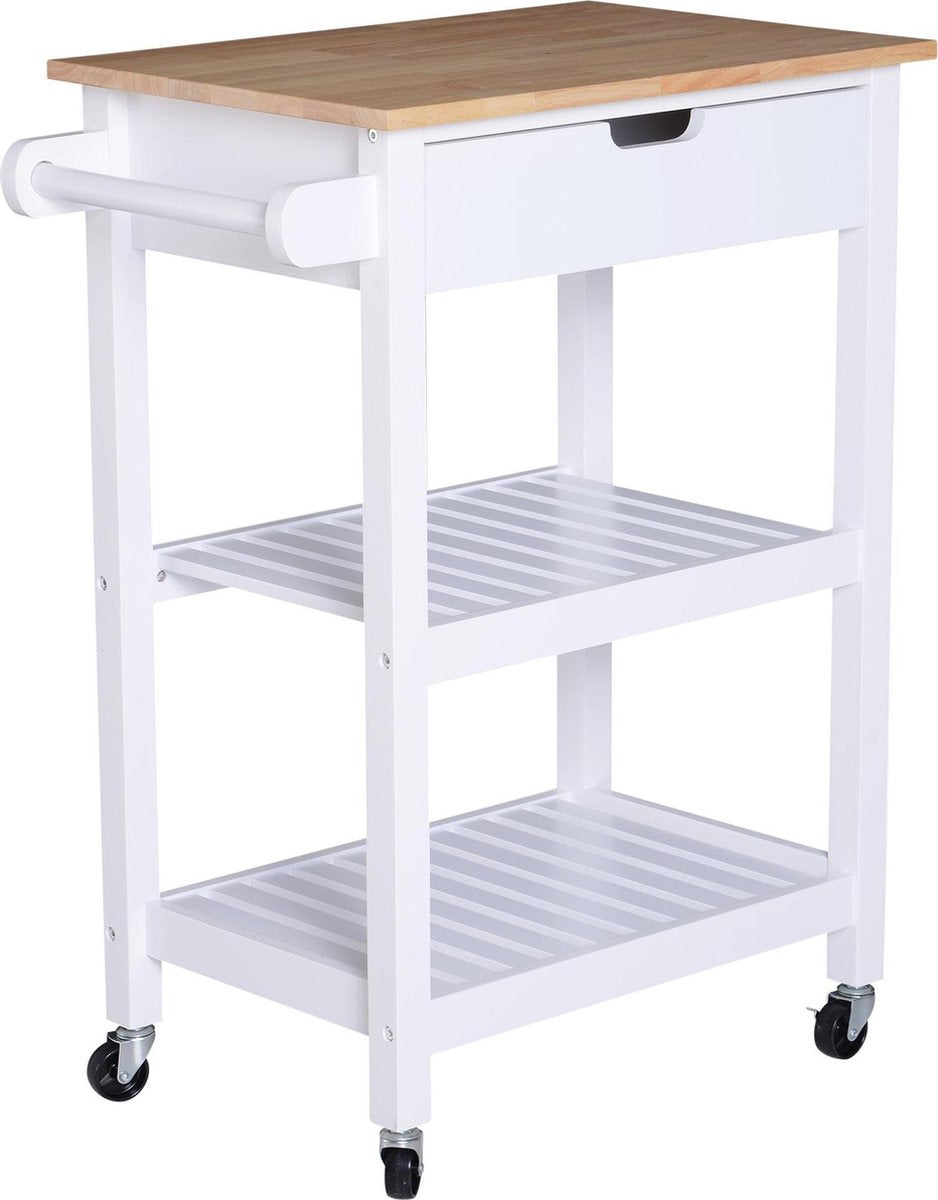 Nancy's Wooster Keukenwagen - Serveerwagen - Keukentrolley - Lade - Planken - Handvat - Hout - 64 x 39 x 84.5 cm - Wit - Natuurlijke Kleur