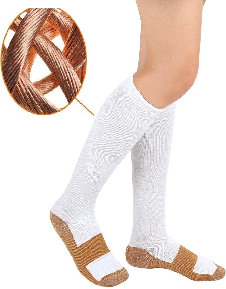 Duopack Compressiekousen / Steunkousen - Elastische Hardloop / Sport / Vliegtuig Compressie Sokken - Running Travel Sock - Reissokken / Reis Kousen - Heren - Kopergewoven - Set Van 2 Paar - Maat 44/45/46/47/48 - XXL - Wit