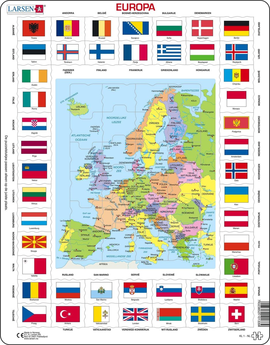 Puzzel Maxi Kaart - Europa met vlaggen - 70 stukjes