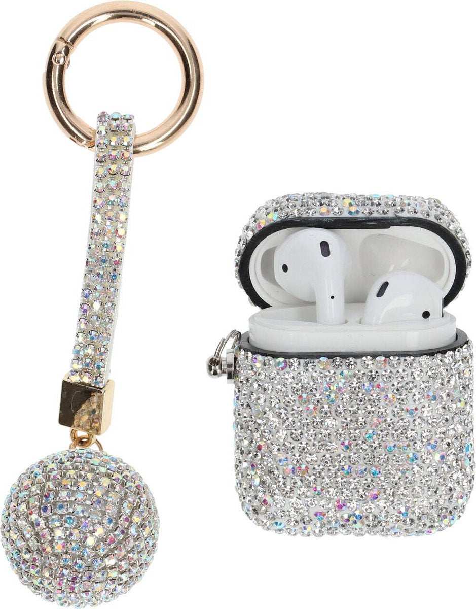 AirPods Case "Bling Bling" Zilver - Airpods hoesje met hanger - Airpods case - Beschermhoes voor AirPods 1/2