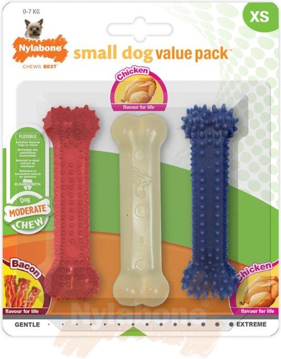 Nylabone Moderate Triopack met kip- en baconsmaak - X-Small
