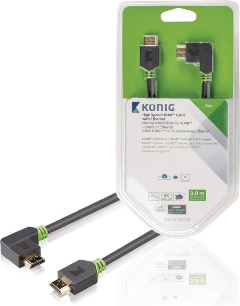 High Speed HDMI Cable with Ethernet HDMI Connector - HDMI Connector left-angled 3.00 m grey