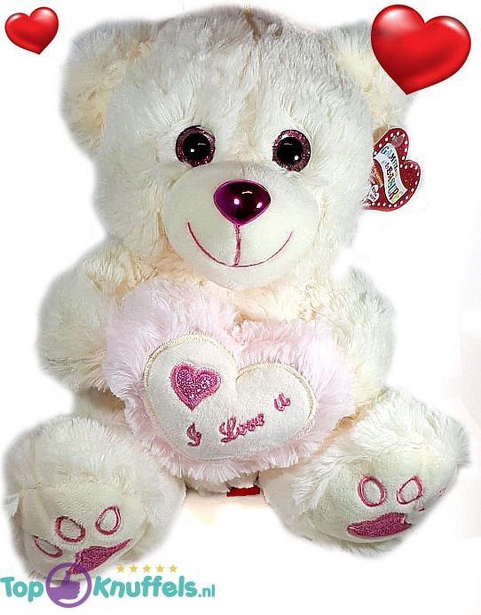 Witte Teddybeer met licht roze/wit hart ''I Love U'' 32 cm | knuffelbeer pluche knuffel love beer | Ik Hou Van Jou / I Love You bear | Beertje met hart liefde | Baby plush beer met hartje 32cm