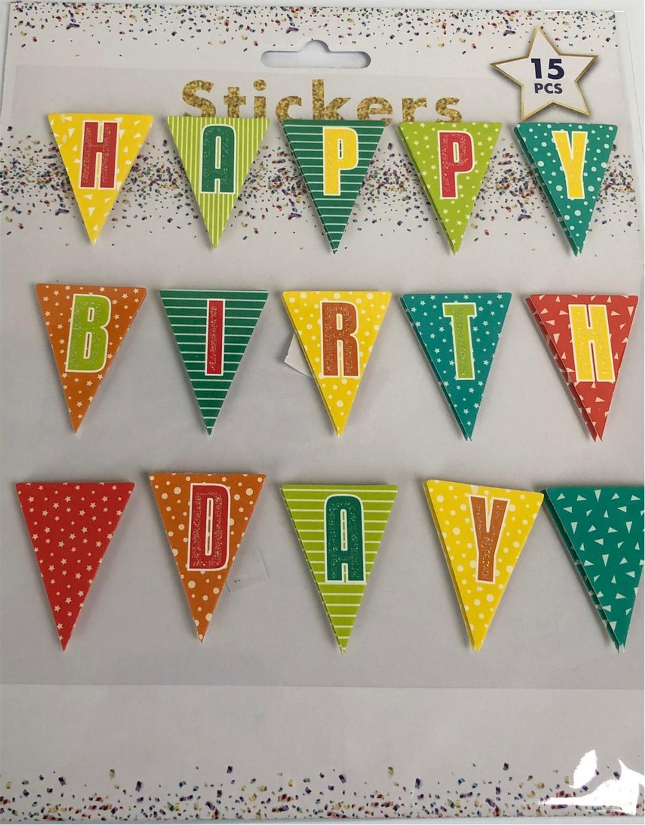 Happy birthday stickers 15st. - jarig - slinger - knutselspullen - decoratie - hobby - knutsel - versiering - maken - cadeau - plakken