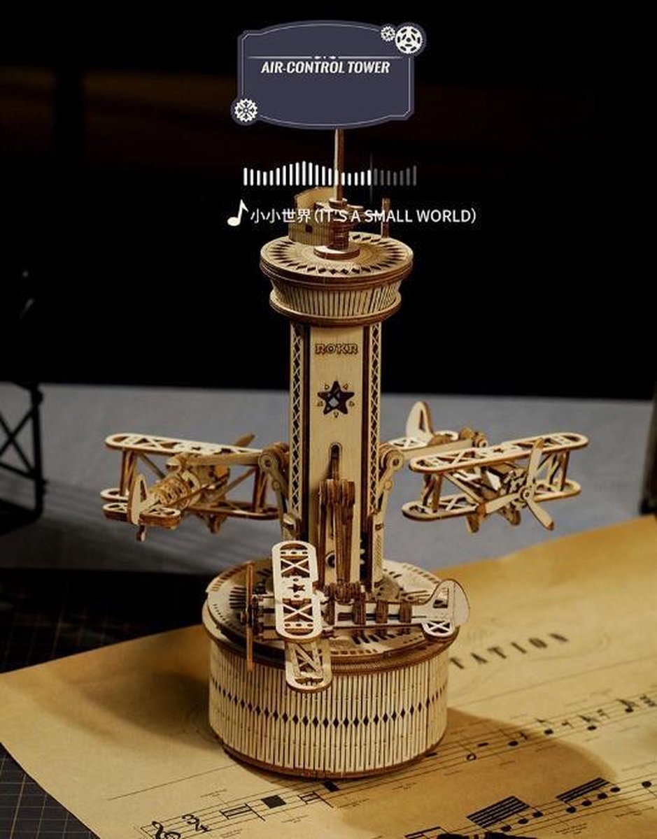 Houten 3D puzzel - Muziekdoos - Lucht verkeersleiding - 255 onderdelen - ROKR