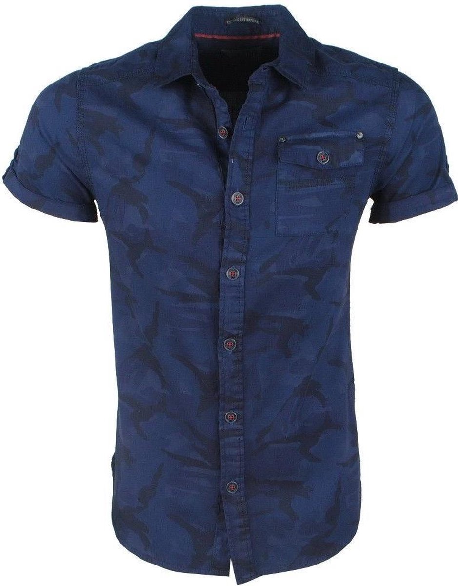 MZ72 - Heren Korte Mouw Overhemd - Carlito - Camouflage - Navy