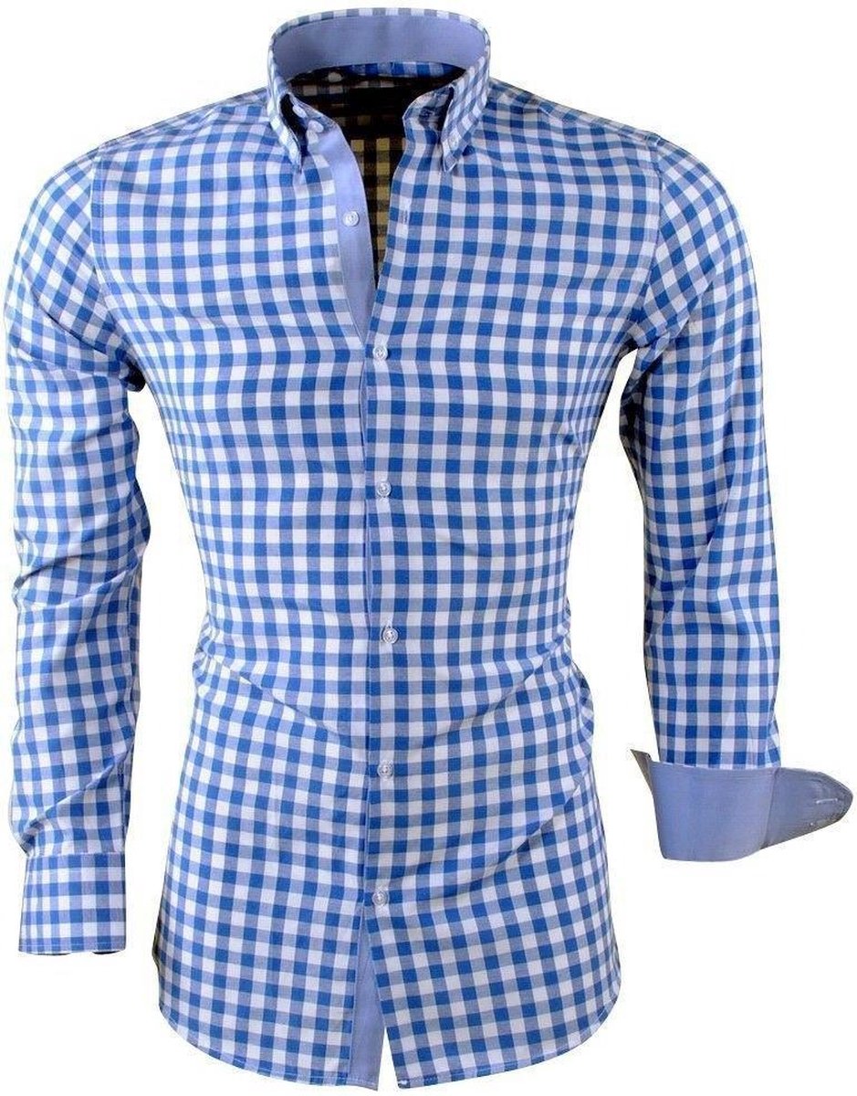 Montazinni - Heren Overhemd - Geblokt - Blauw