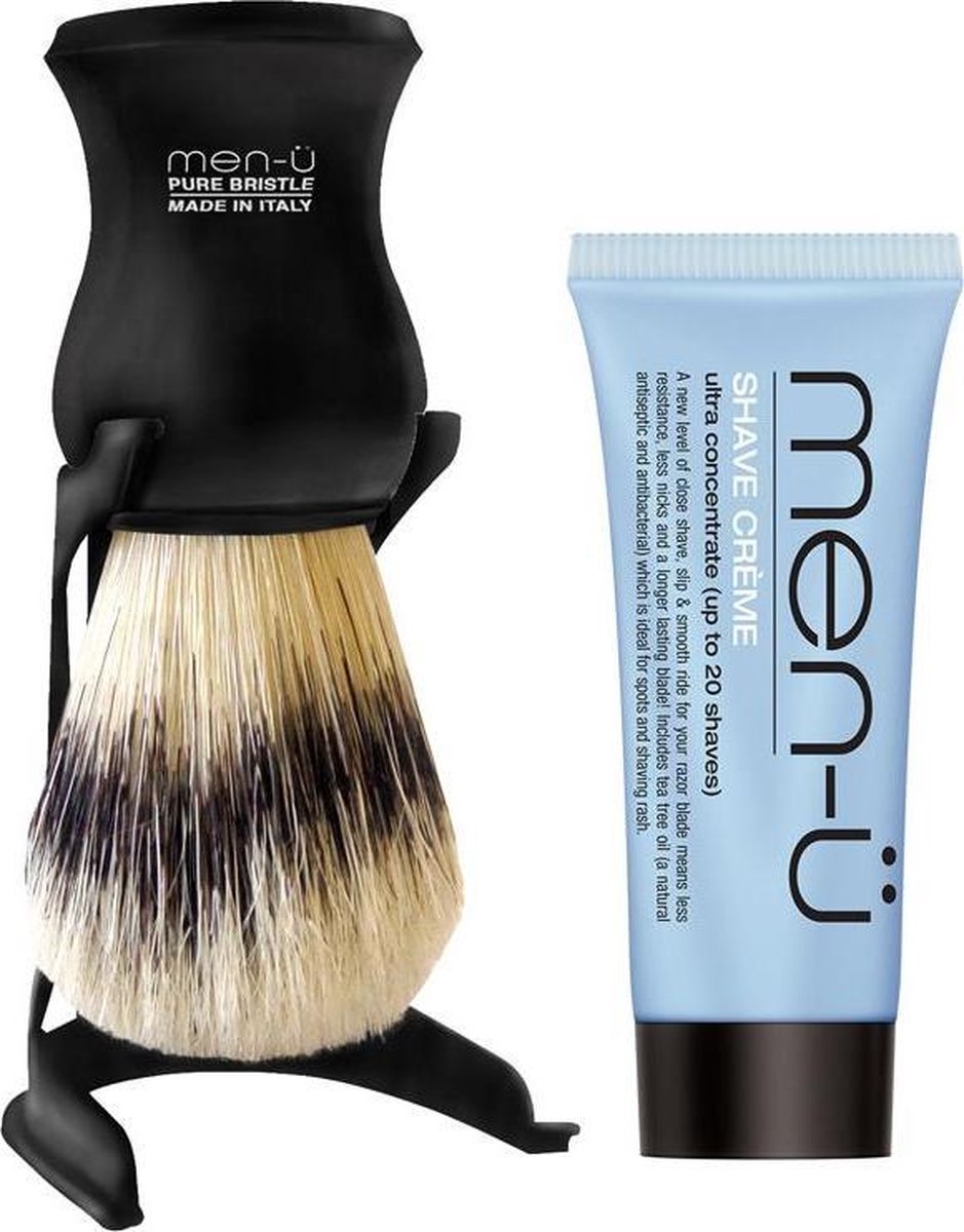 Men-U Scheerkwast  Barbiere Pure Bristle - Zwart + Standaard + Scheercrème