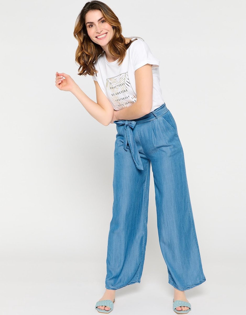 Losse denim broek met ceintuur en strik - Blauw