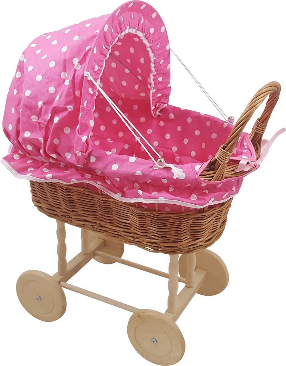 Rieten Poppenwagen - houten wielen - Stoffen Kap - Fuchsia Stip