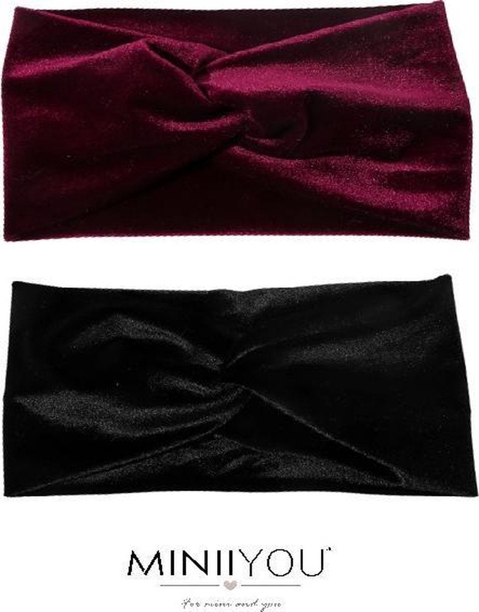 Set 2 stuks - Velvet dames haarbanden wijnrood - rood zwart - hoofdbanden