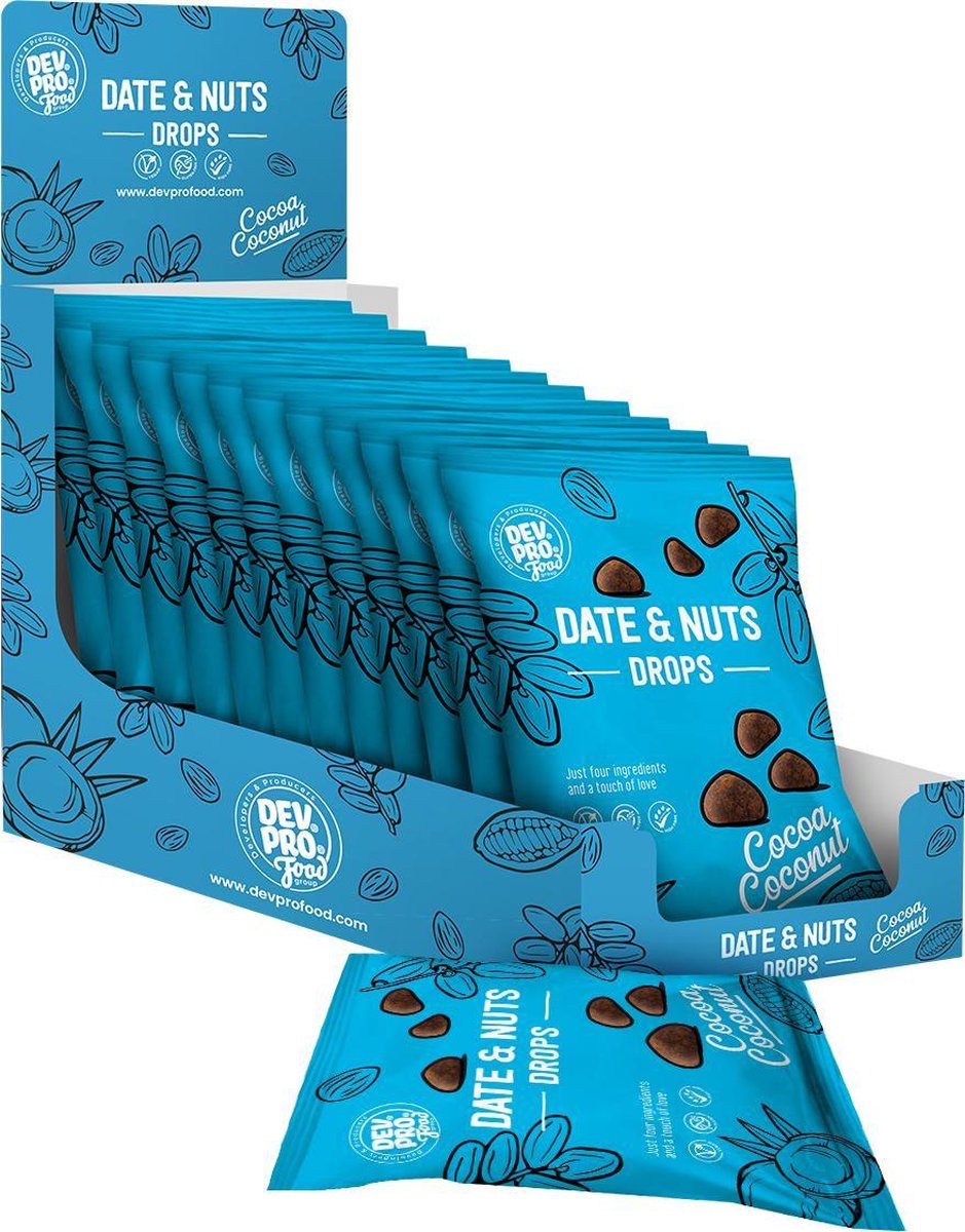 Dev. Pro. Dadel & Noten snoepjes - kokos chocolade smaak - 12 zakjes van 40 gram - handige SRP verpakking