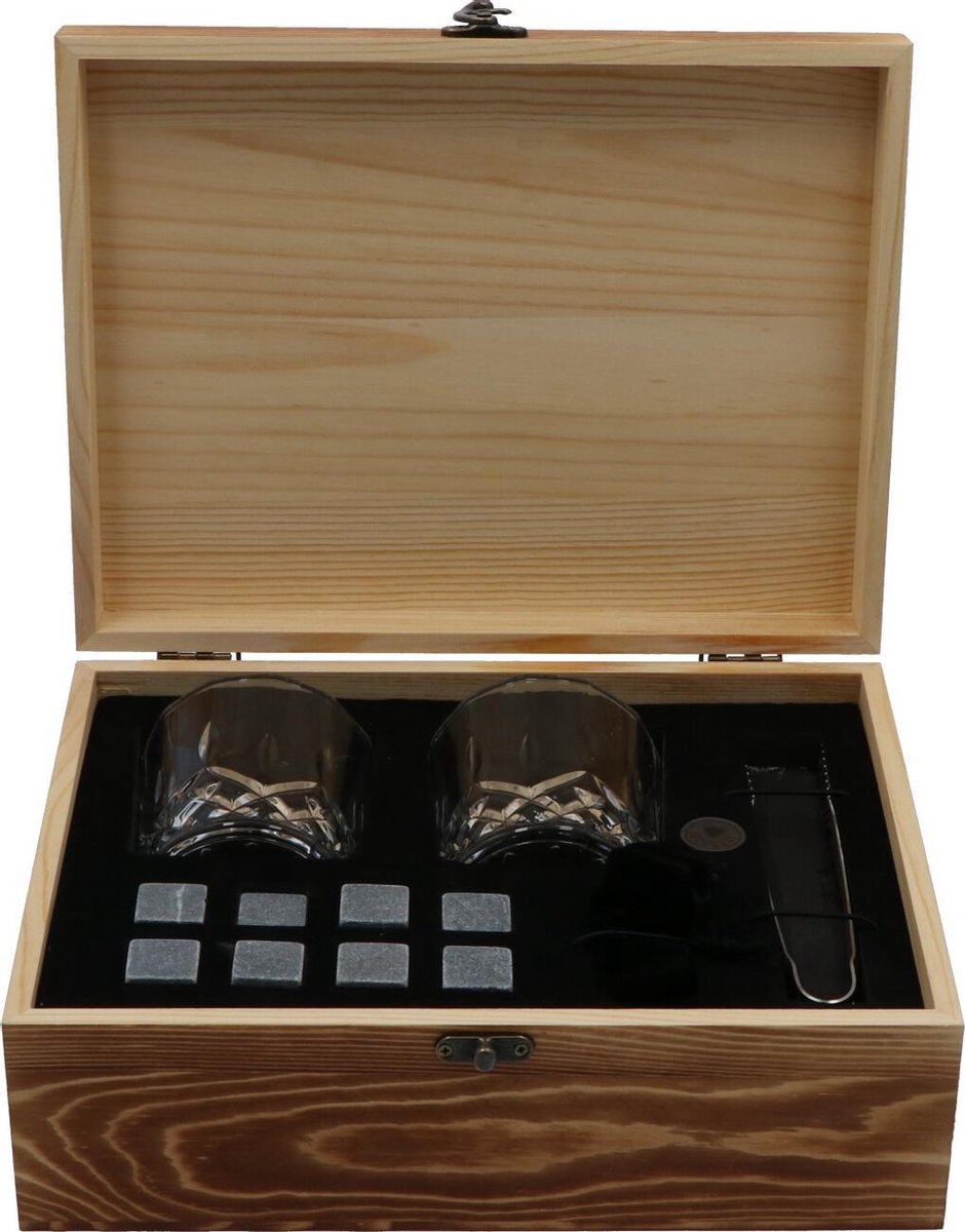 4cookz® Whiskey geschenkset - 2 glazen en whiskey stenen - houten kist