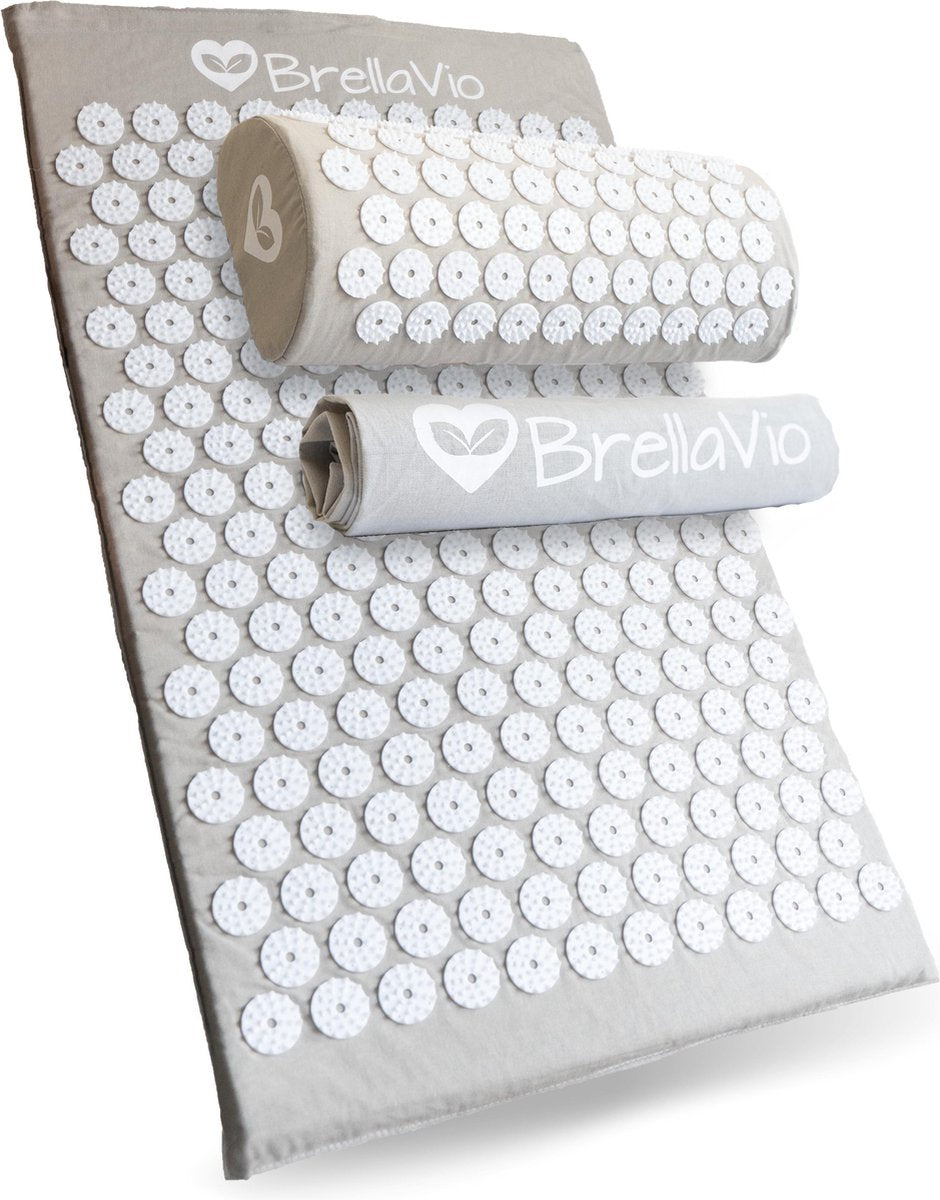 BrellaVio® Spijkermat met Spijkerkussen en Topper - Grijs - 68x42 cm - Acupressuur Mat - Spijkerbed - Acupunctuur Massage Kussen