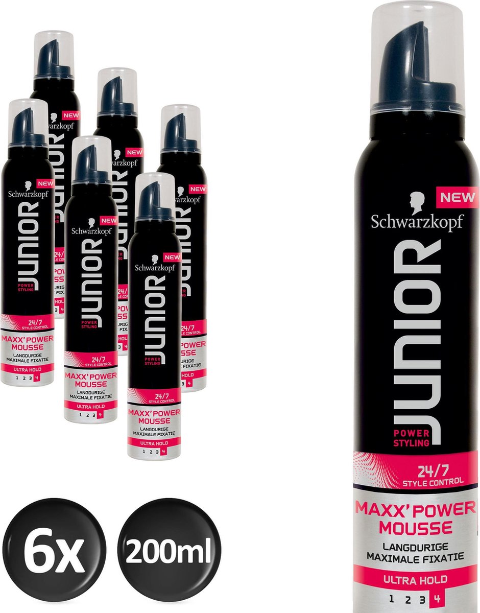 Schwarzkopf Junior Powerstyling Maxx Power Level 4 Haarmousse 250 ml - 6 stuks - Voordeelverpakking