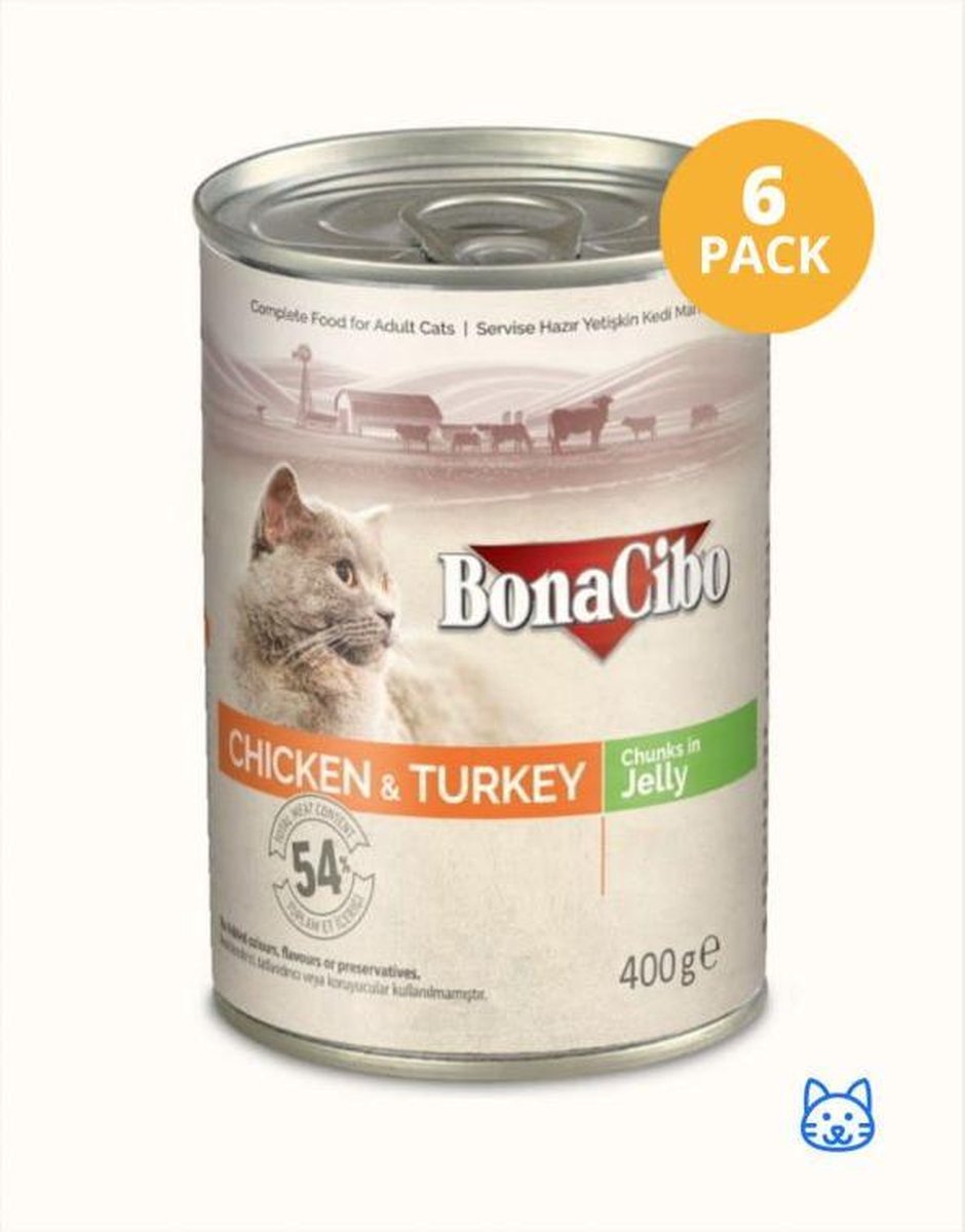 Bonacibo Blik Kip & Kalkoen - Kattenvoer - 400 gr / 6 pack
