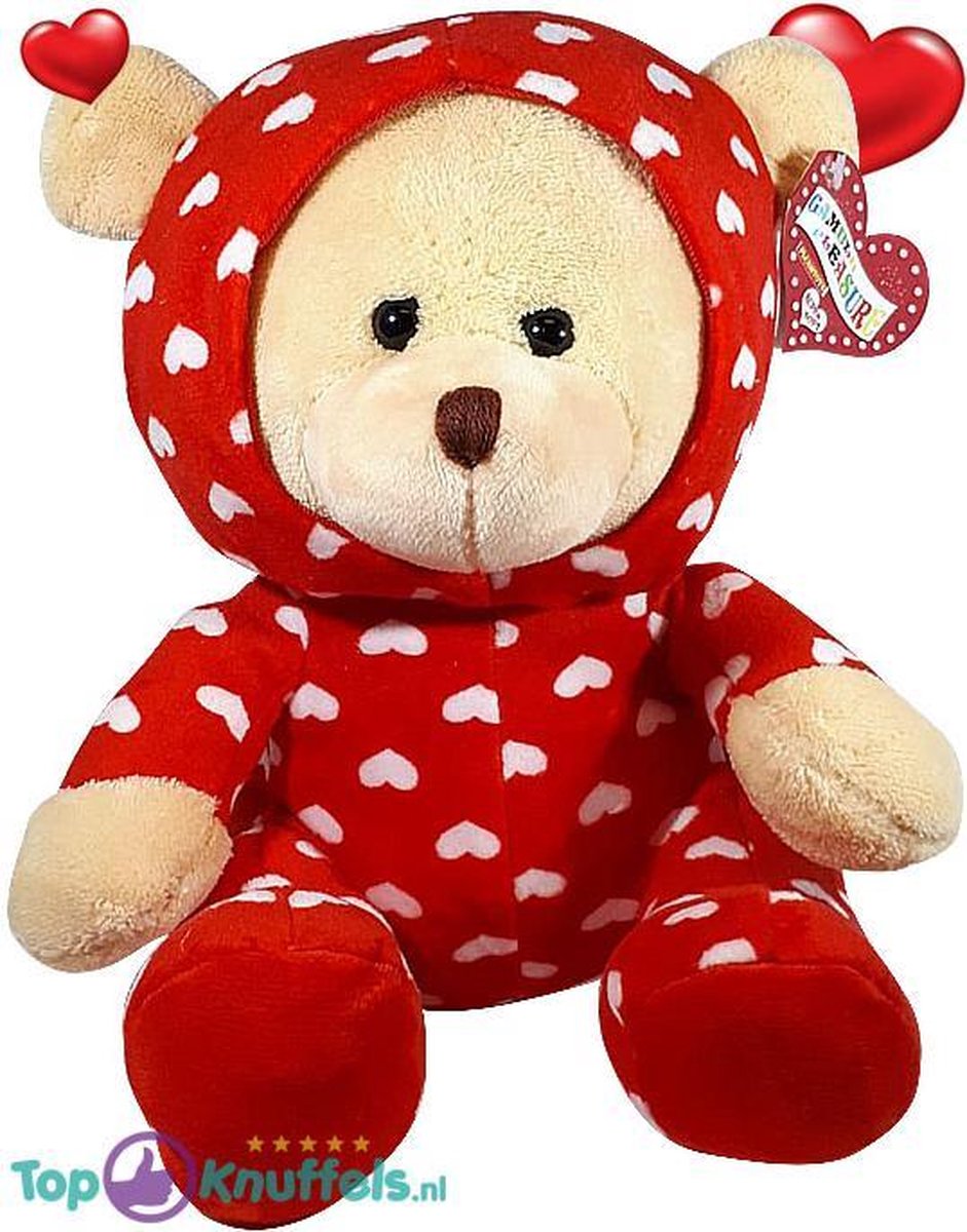 Licht bruine Teddybeer in hartjes onesie pyjama 32 cm | knuffelbeer pluche knuffel love beer | Ik Hou Van Jou / I Love You bear | Beertje met hart liefde | Baby plush beer met hartje 32cm Cadeau