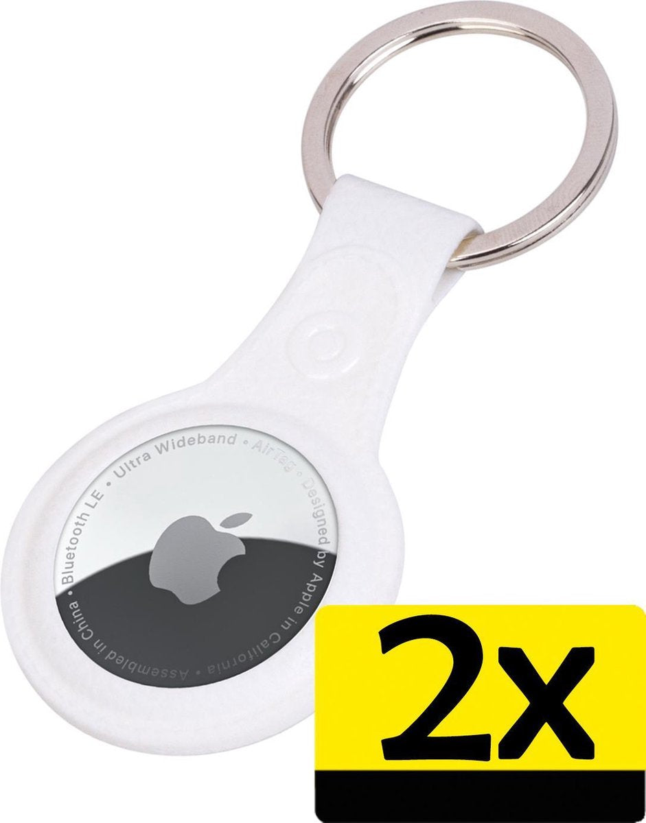 Airtag Sleutelhanger Hoes - Airtag Hoesje Hanger Case Leder Look - Airtag-Sleutelhanger Wit - 2 Stuks