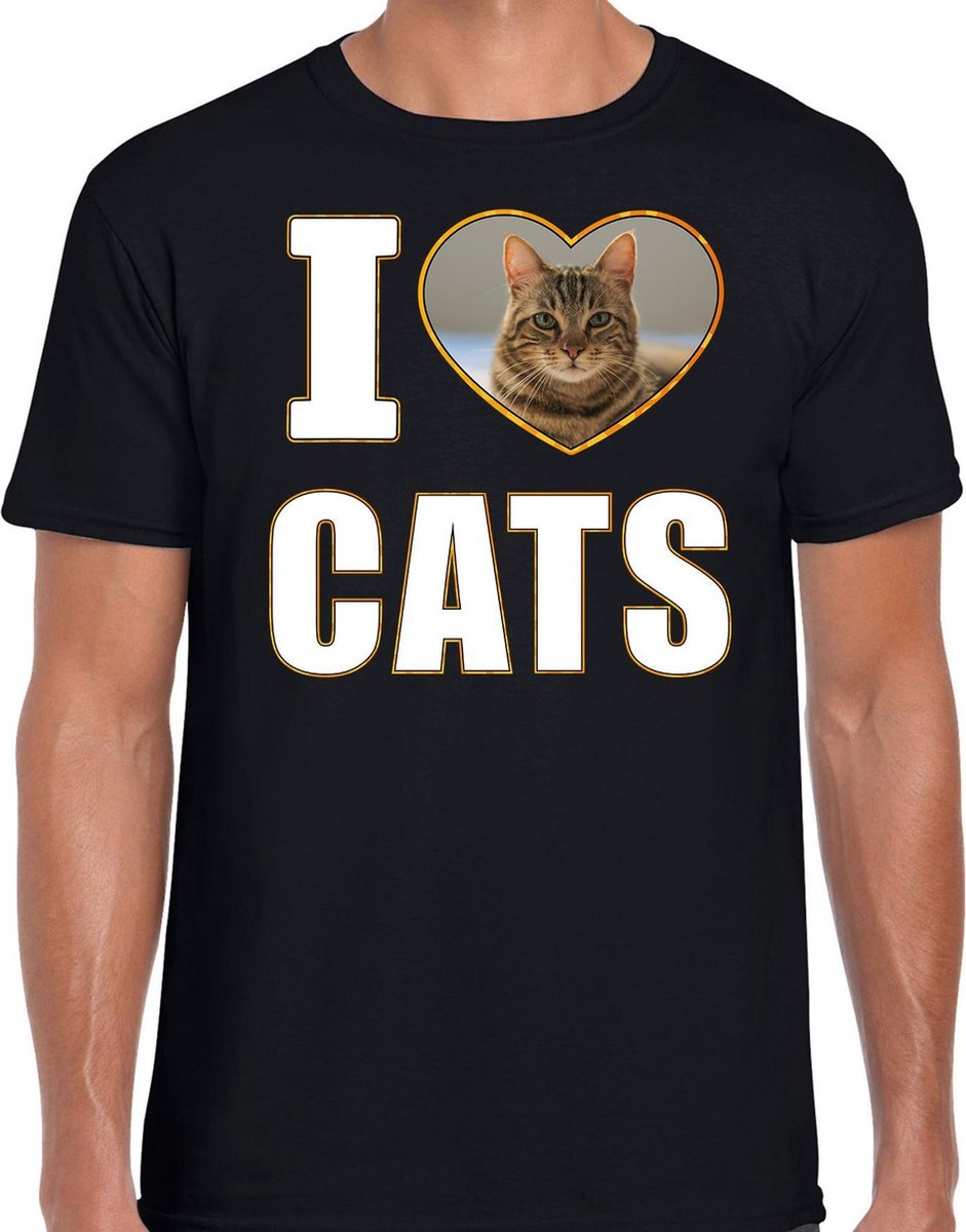 I love cats t-shirt met dieren foto van een bruine kat zwart voor heren - cadeau shirt katten liefhebber M