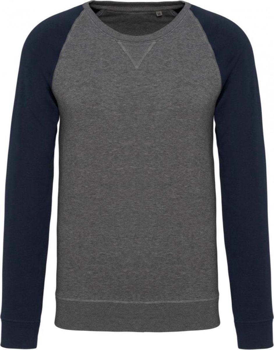 Tweekleurige herensweater BIO ronde hals raglanmouwen Donker Blauw Maat M
