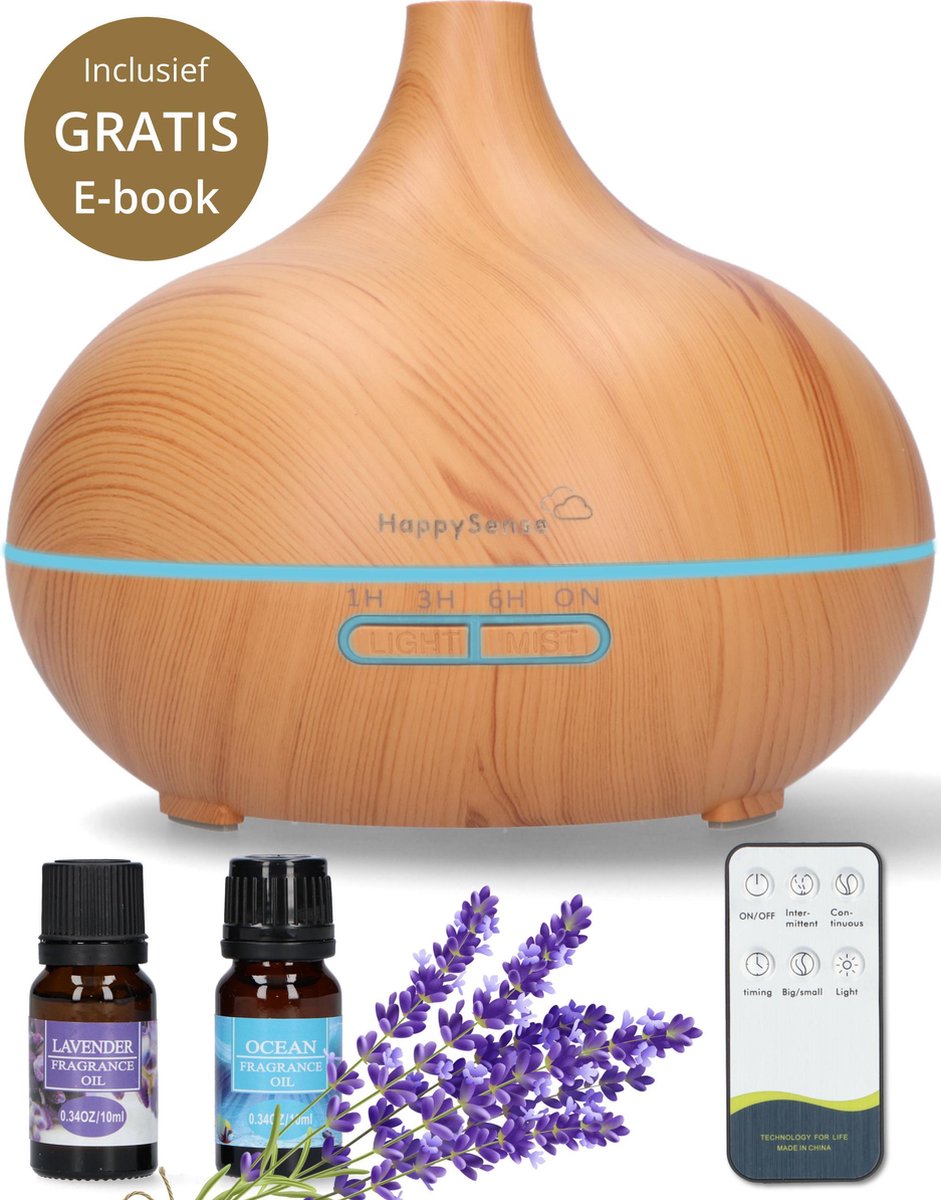 HappySense Aroma Diffuser 550ML met Afstandsbediening en 2x Etherische Olie - Luchtbevochtiger Verstuiver Vernevelaar - Geurverspreider - Aromatherapie - Diffuser Met Gratis E-book