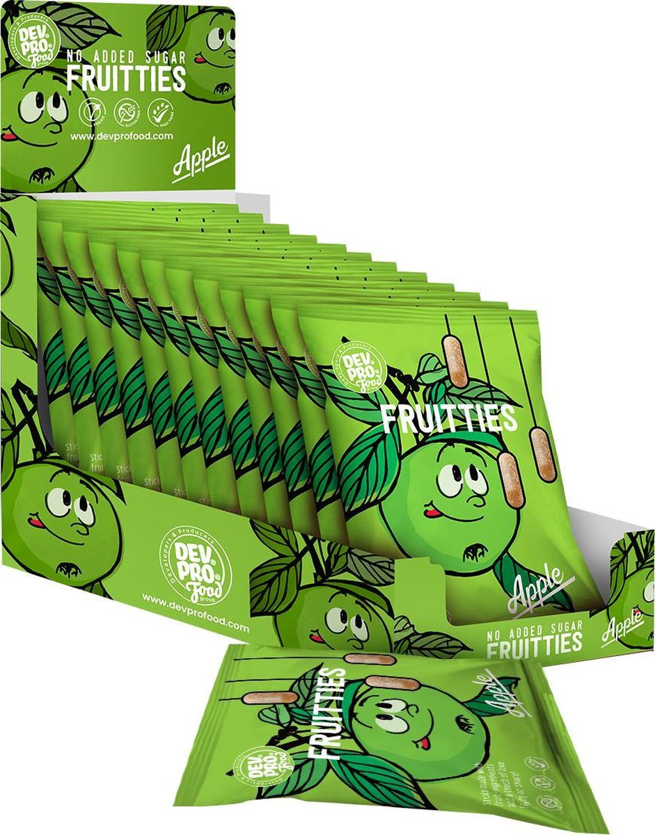 Dev. Pro. Fruitties - Appel smaak - 100% natuurlijk - vegan - gezond - verantwoord snoepen - 12 zakjes van 35 gram - handige SRP verpakking