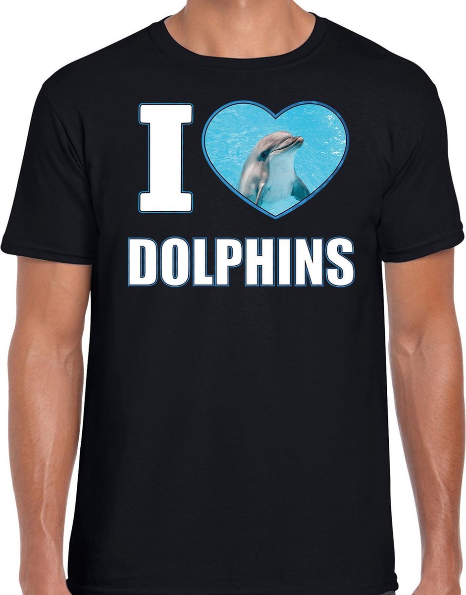 I love dolphins t-shirt met dieren foto van een dolfijn zwart voor heren - cadeau shirt dolfijnen liefhebber M