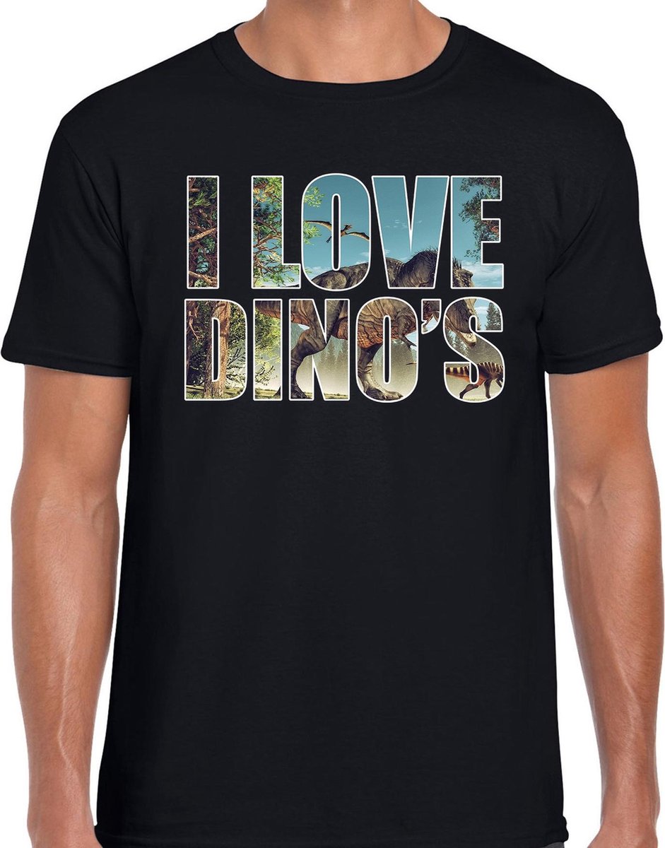 Tekst shirt I love dinosaurs met dieren foto van een dino zwart voor heren - cadeau t-shirt T-Rex dinosauriers liefhebber XL