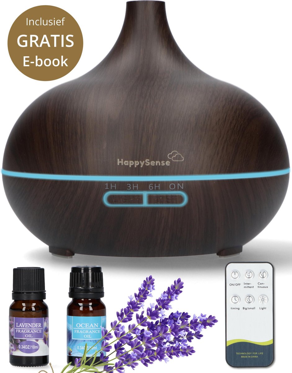 HappySense Aroma Diffuser 550ML met Afstandsbediening en 2x Etherische Olie - Luchtbevochtiger Verstuiver Vernevelaar - Geurverspreider - Aromatherapie - Diffuser Met Gratis E-book