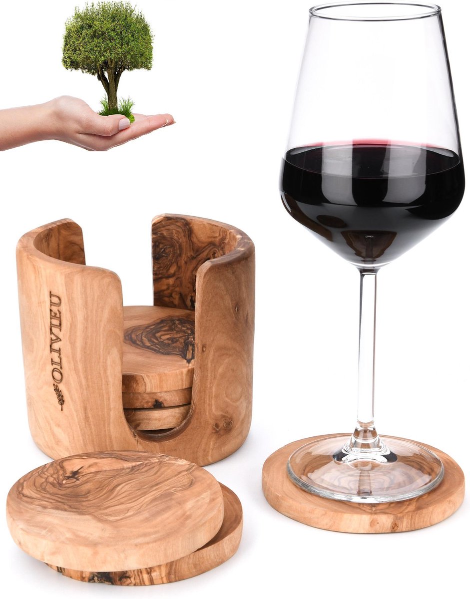 OLIVIEU ~  Coaster Magnifique ~ Olijfhouten Handgemaakte Luxe Onderzetters  – 6 stuks inclusief houder -  Duurzame Onderleggers voor Glazen ~ Uniek Cadeau
