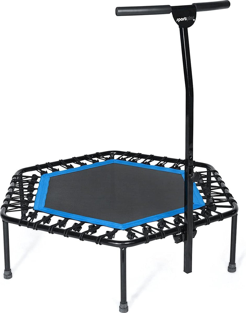 Gutos Sportplus Mini fitness trampoline - Sport trampoline - Opvouwbaar - Blauw Zwart - Volwassenen - Voor binnen en buiten - 126 cm - Met stang - Met elastieken - In hoogte verstelbaar - Tot 130 kg