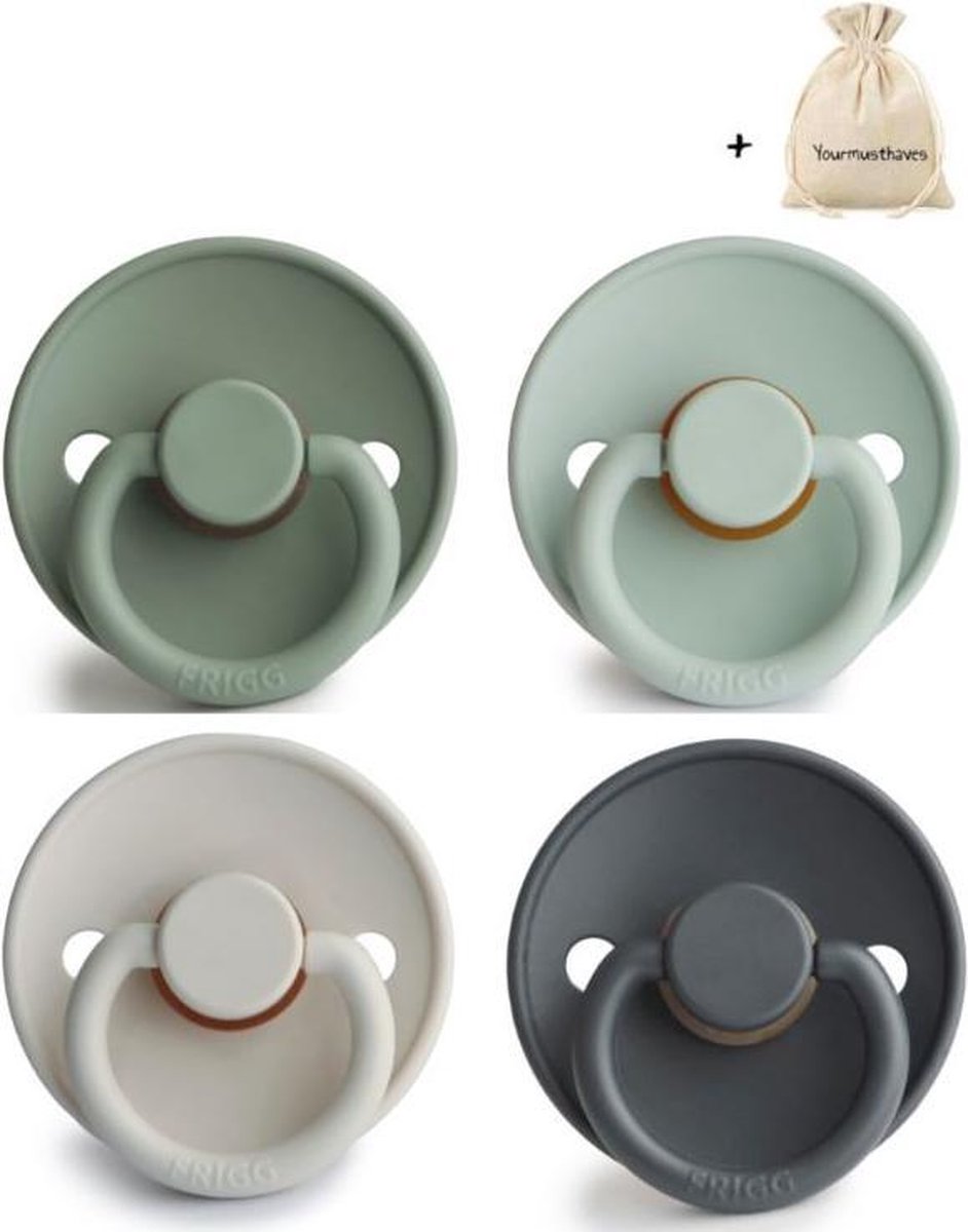 FRIGG | Fopspeen set 4 stuks | T2 | 6-18 maanden | Classic | Silicone | Lily Pad + Sea Foam + Silver Gray + Graphite | Met YOURMUSTHAVES speenzakje