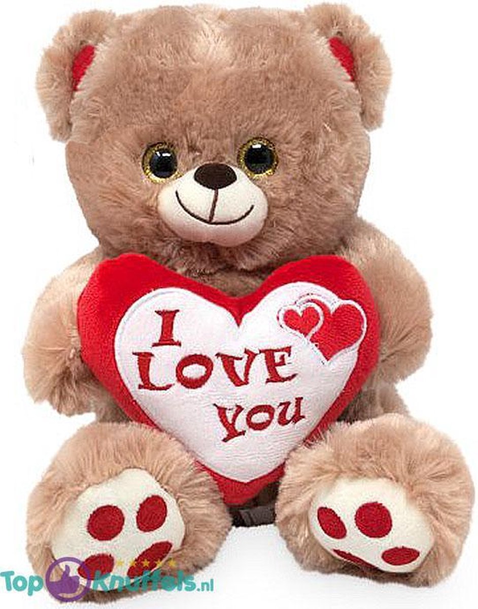 Bruine Teddybeer met Hart ''I Love You'' (Rood/Wit) 32 cm | Cadeau - Ik hou van jou / I Love you Knuffelbeer | Valentijnsdag cadeau Rozenbeer | Love Teddy Rozen Beer
