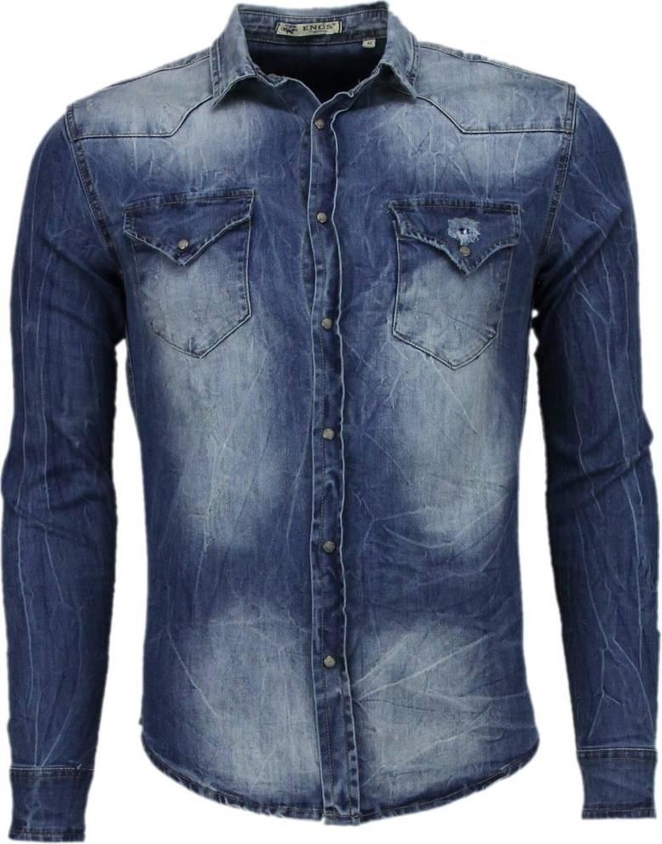 Enos Denim Overhemd - Slim Fit Lange Mouwen Heren - Basic Denim - Blauw - Maten: S