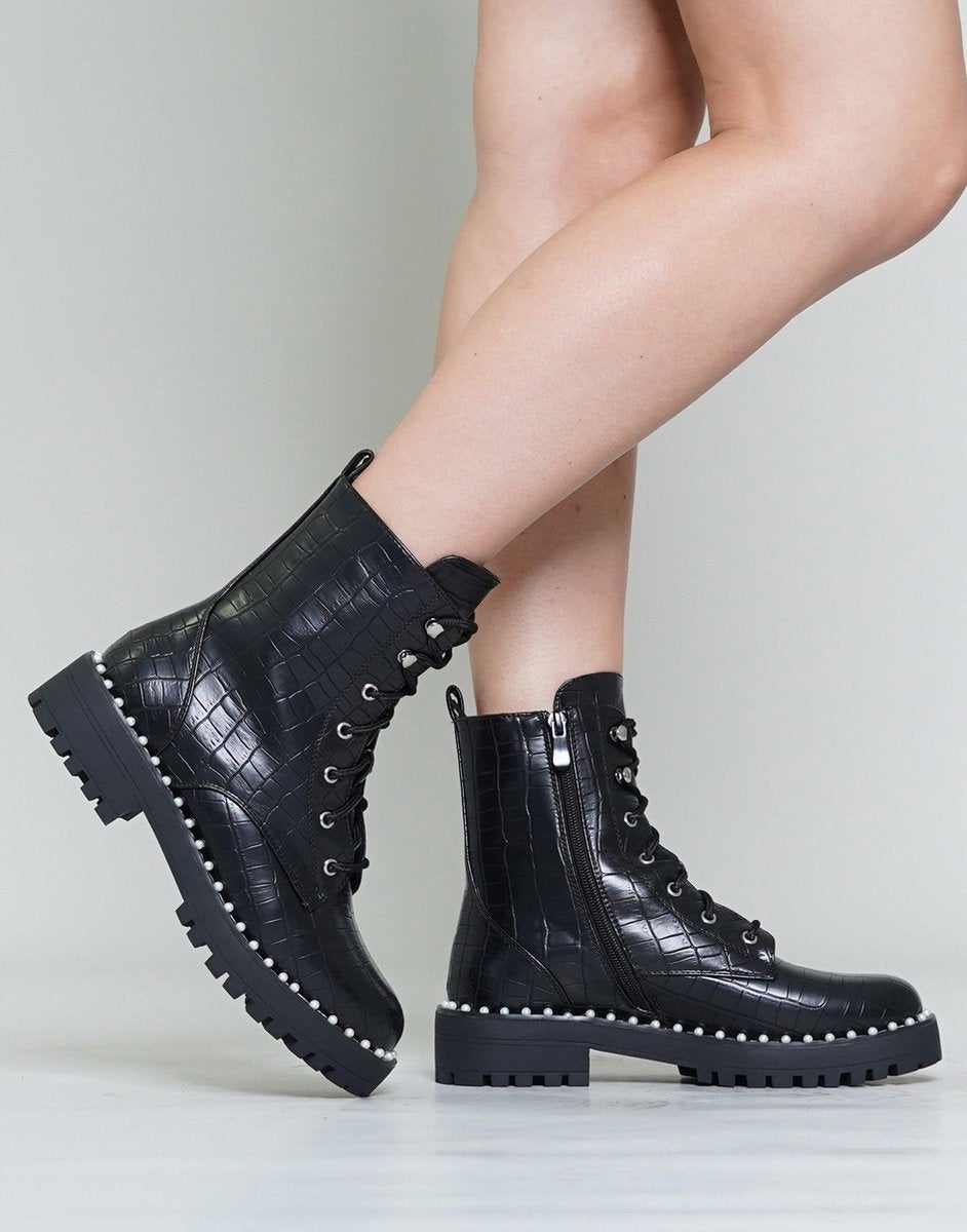 Zwarte boots met pareltjes kroko 38 / Zwart