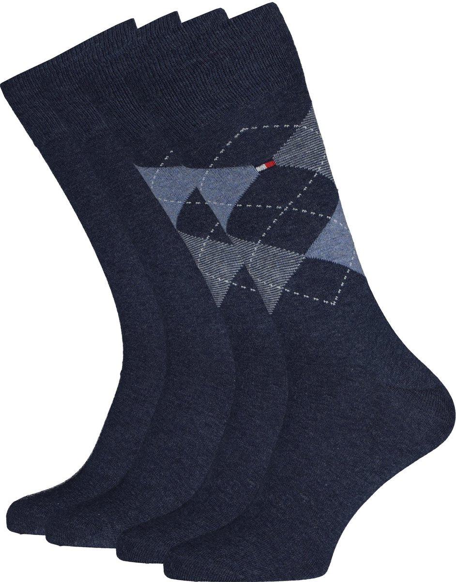 Tommy Hilfiger Check Socks (2-pack) - herensokken katoen - geruit en uni - jeans blauw -  Maat: 39-42