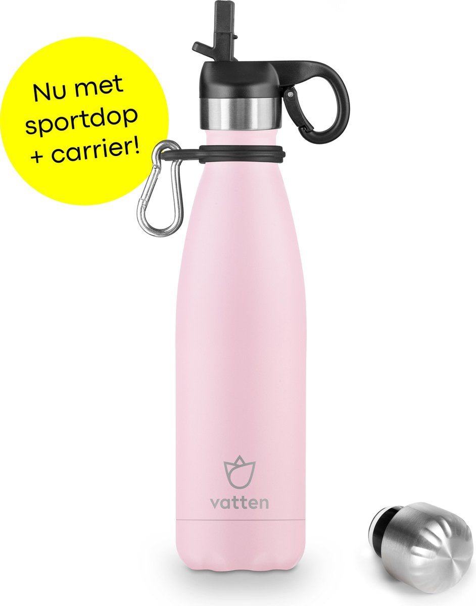 Vatten® Premium RVS Thermosfles - 500 ml - Pastel Roze - Waterfles met Rietje