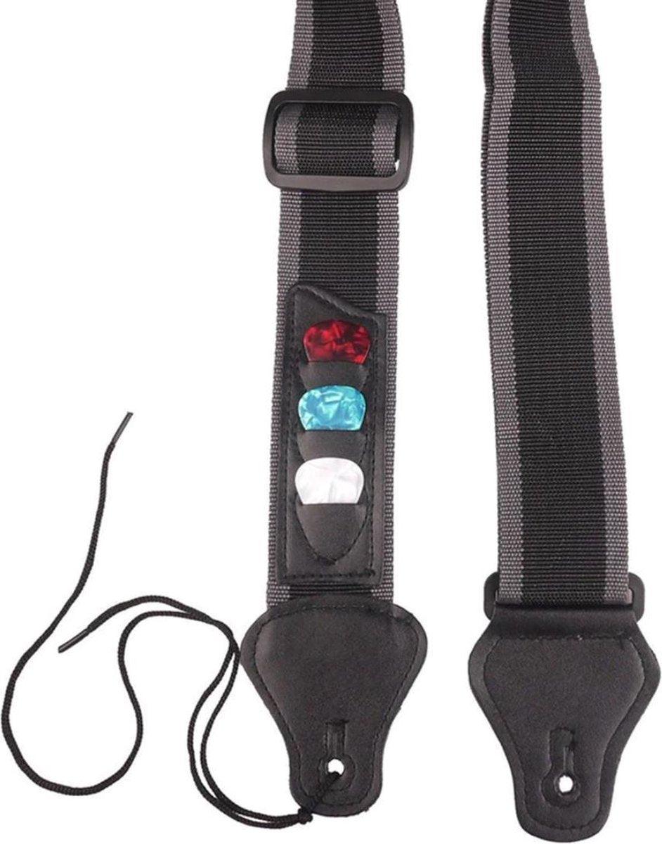 Verstelbare Gitaar Strap - Gitaarriem - Gitaarband - Gitaar Strap met Plectrum Houder en 3 Plectrums - Zwart