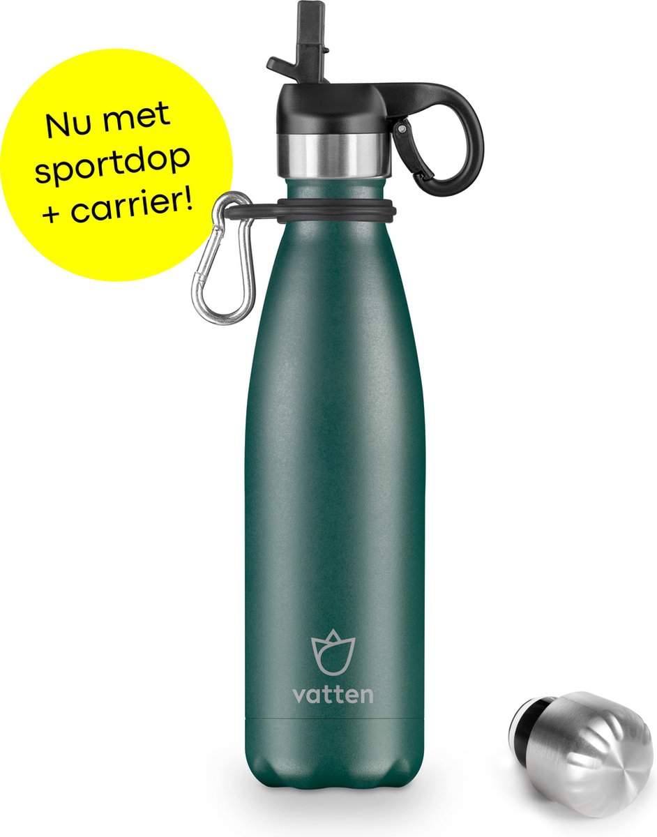 Vatten® Premium RVS Thermosfles - 500 ml - Mat Donkergroen - Waterfles met Rietje - Isoleerfles
