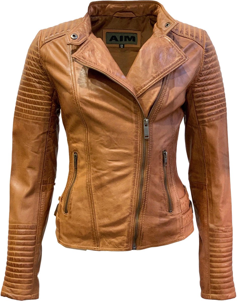 Leren jas biker dames cognac- Barcelona - XL
