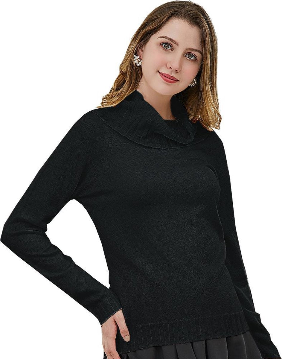 Manlee - m.l. Fijngebreide trui met wijde col en lange mouwen - Relaxed fit - Zwart - Maat: L