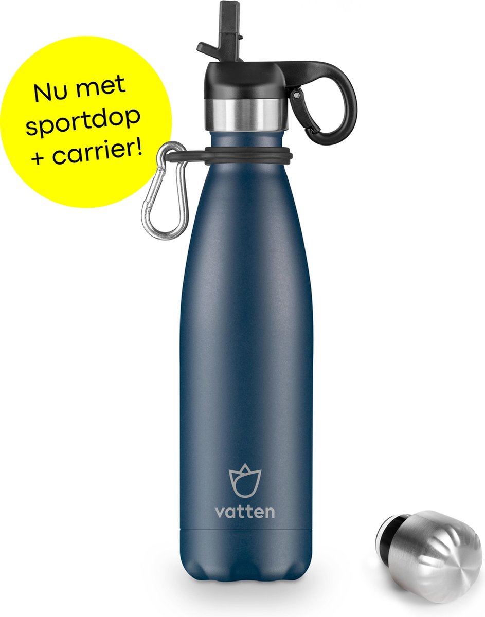 Vatten® Premium RVS Thermosfles - 500 ml - Mat Donkerblauw - Waterfles met Rietje - Isoleerfles