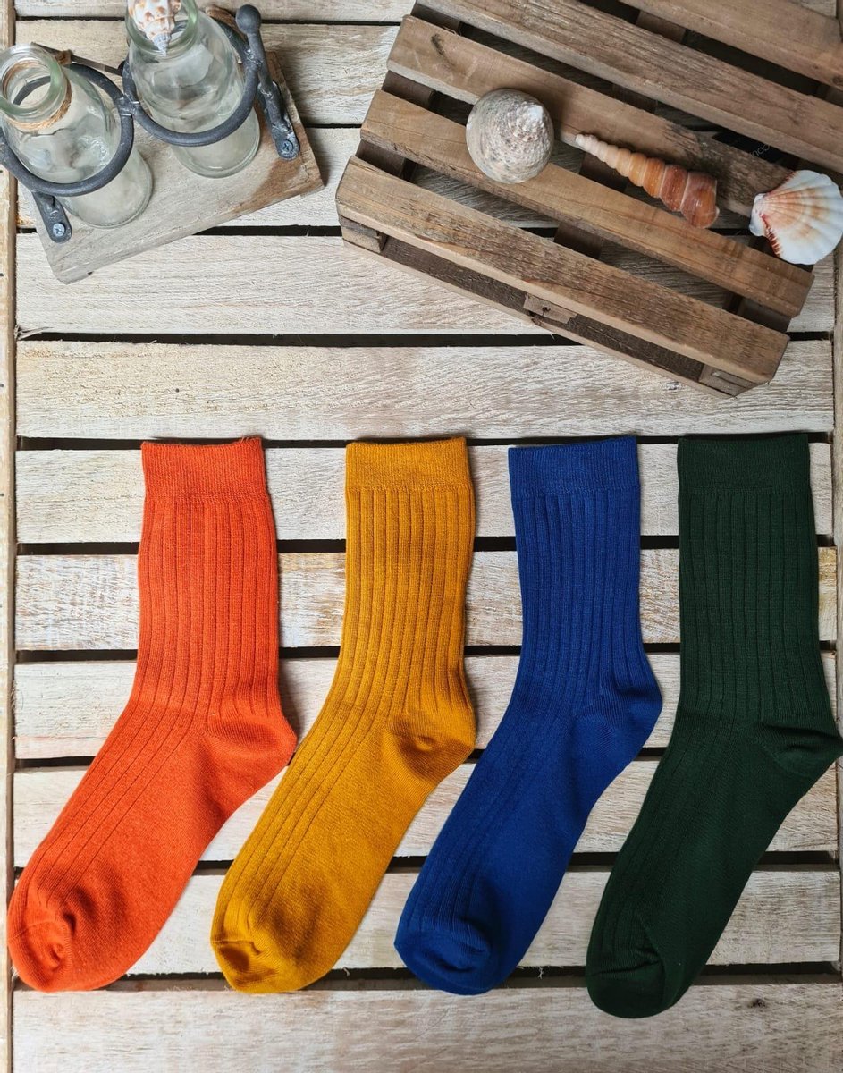 Dames Sokken - Heren Sokken - Set - 4 Paar - Roodoranje / Geel / Blauw / Groen - Maat 37-43 - Casual - Comfortabel & Duurzaam