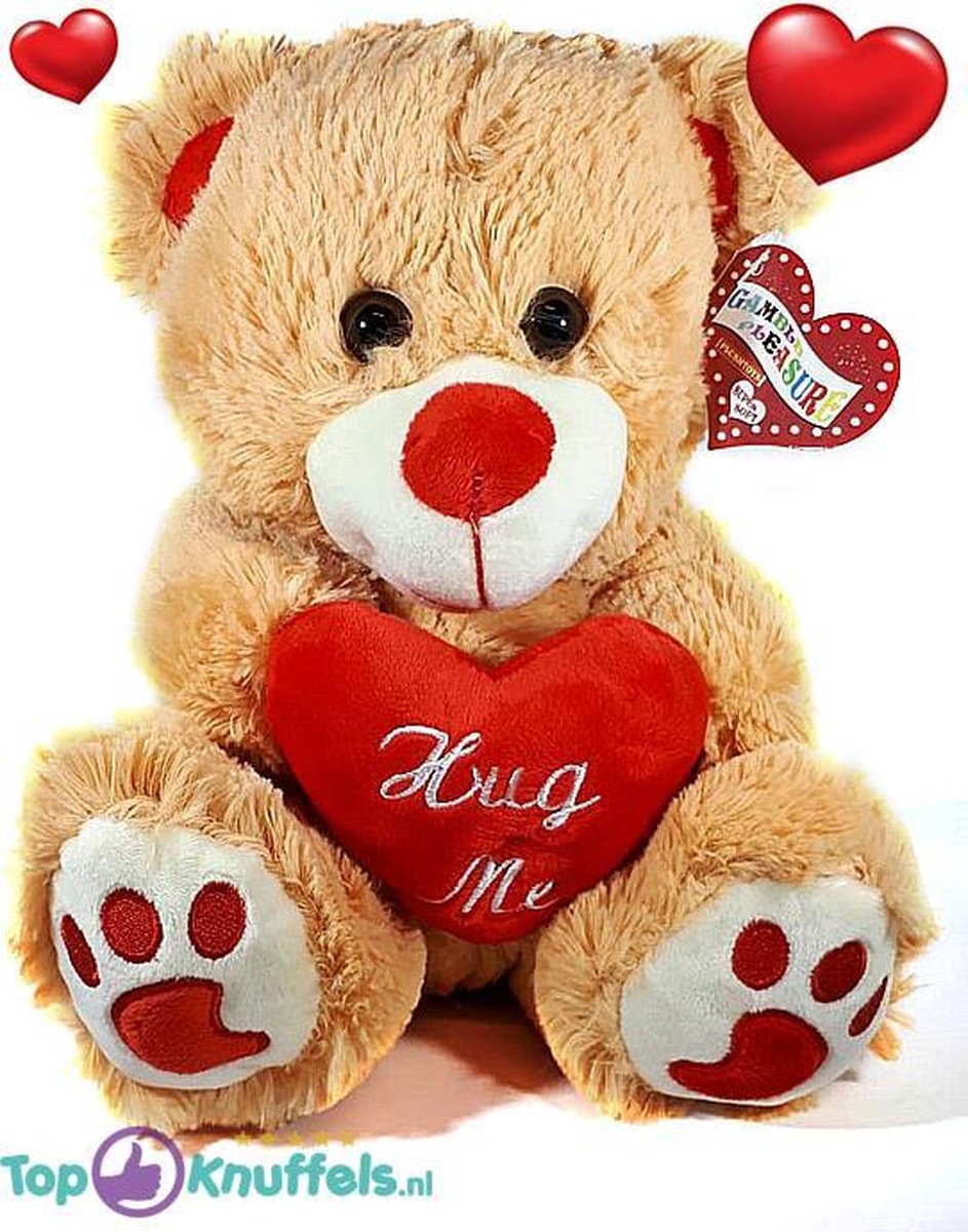 Lichtbruine Teddybeer met rood hart Hug Me 32 cm Cadeau | knuffelbeer pluche knuffel| Ik Hou Van Jou / I Love You bear | Beertje met hart liefde rozenbeer | Rozen Beer met hartje 32cm| Valentijn kado vrouw man