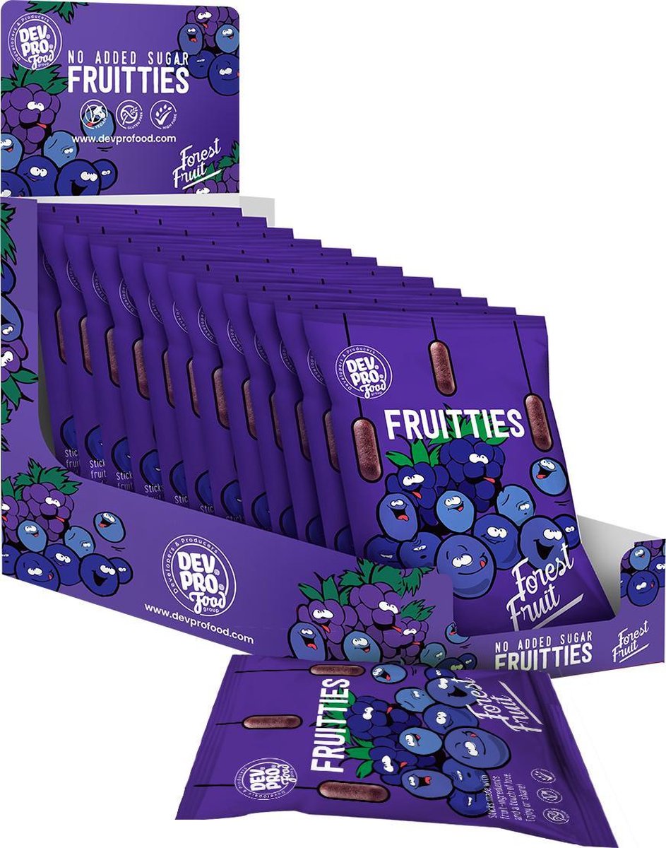 Dev. Pro. Fruitties - Bosvruchten smaak - 100% natuurlijk - vegan - gezond - verantwoord snoepen - 12 zakjes van 35 gram - handige SRP verpakking