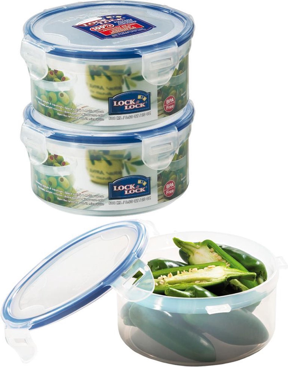 Lock&Lock Vershoudbakjes | Bewaardozen voedsel | Snackdoosjes - Set van 3 Stuks - 600 ml - Rond