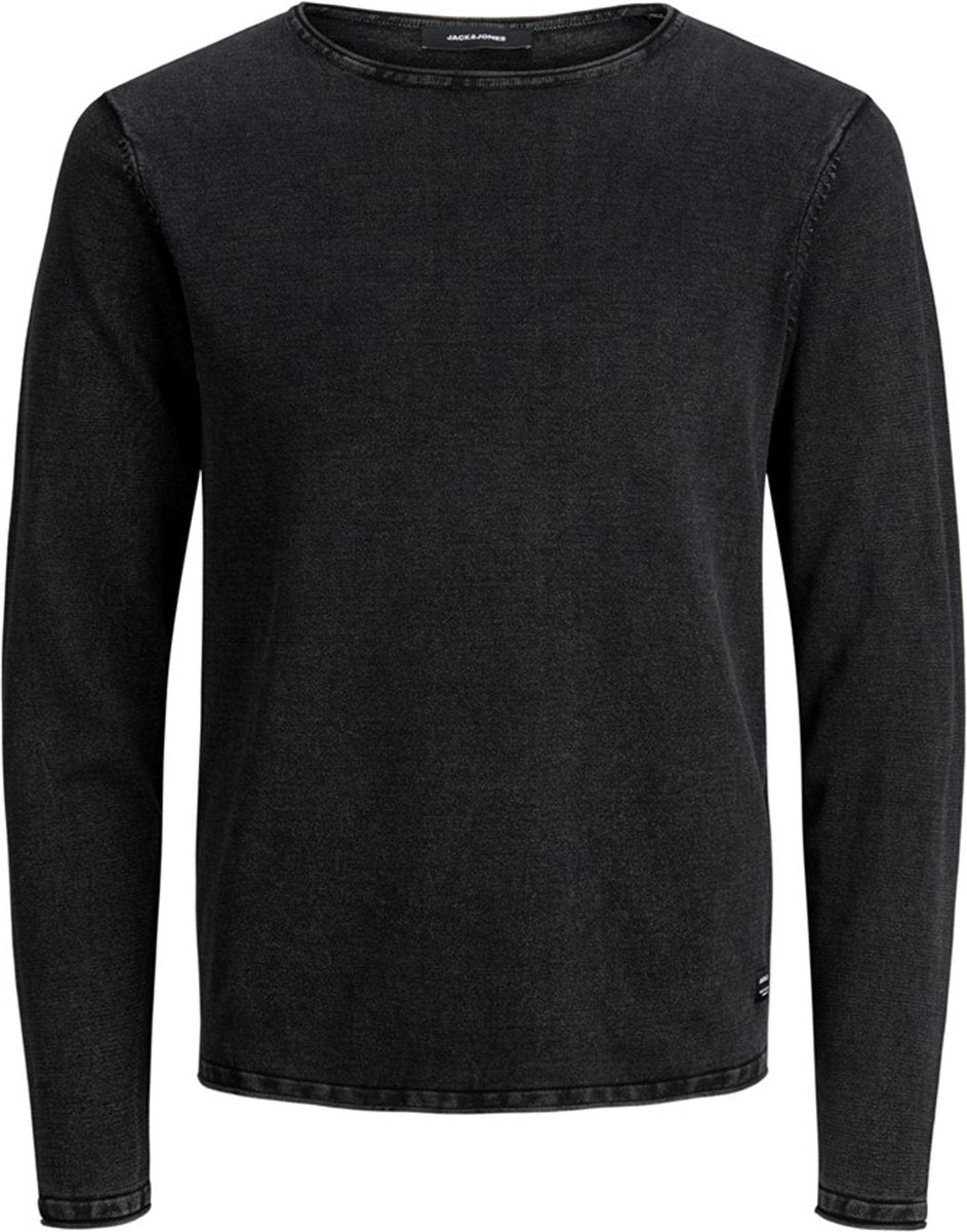 JACK & JONES slim fit trui katoen - O-hals - verwassen zwart -  Maat: S